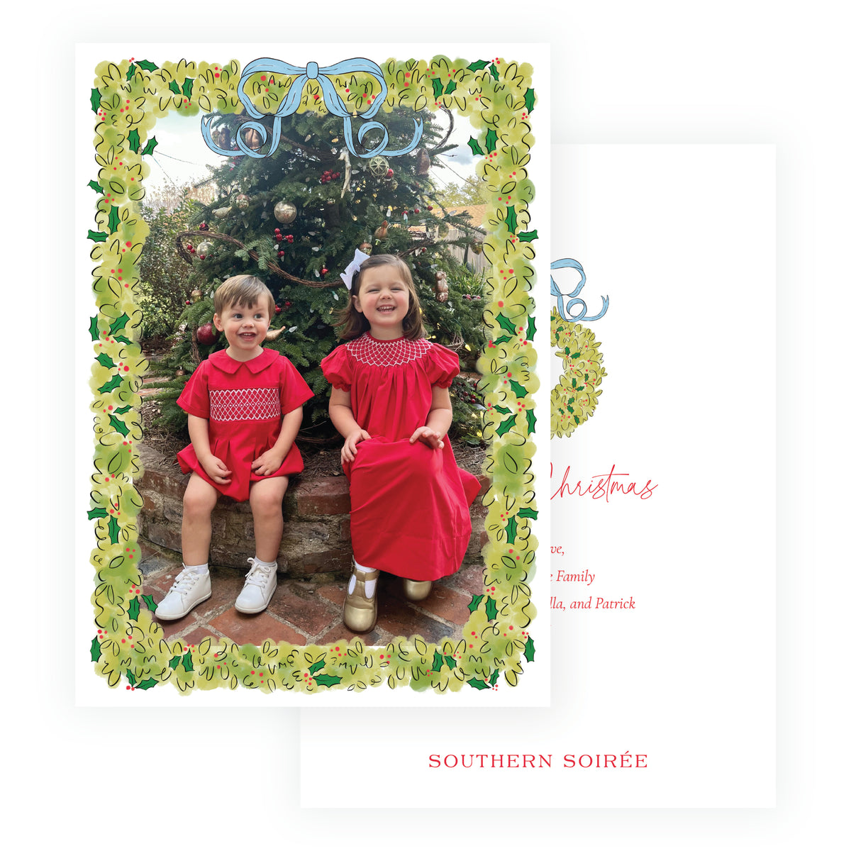 Full photo personalized Christmas card framed with hand-painted boxwood greenery, holly and powder blue bow