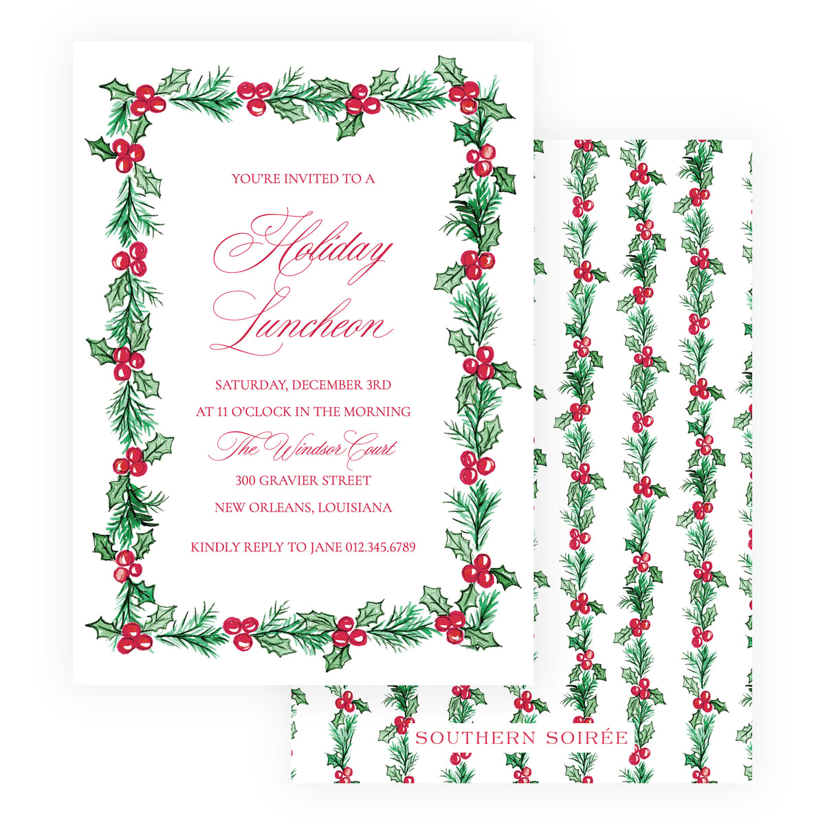 Plaid and Holly personalized Christmas holiday luncheon invitation with watercolor holly, evergreen branches and red berry border