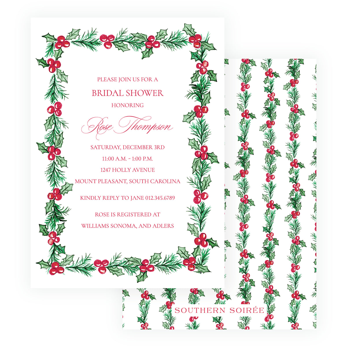 Plaid and Holly Christmas Bridal Shower Invitation – Holly Border