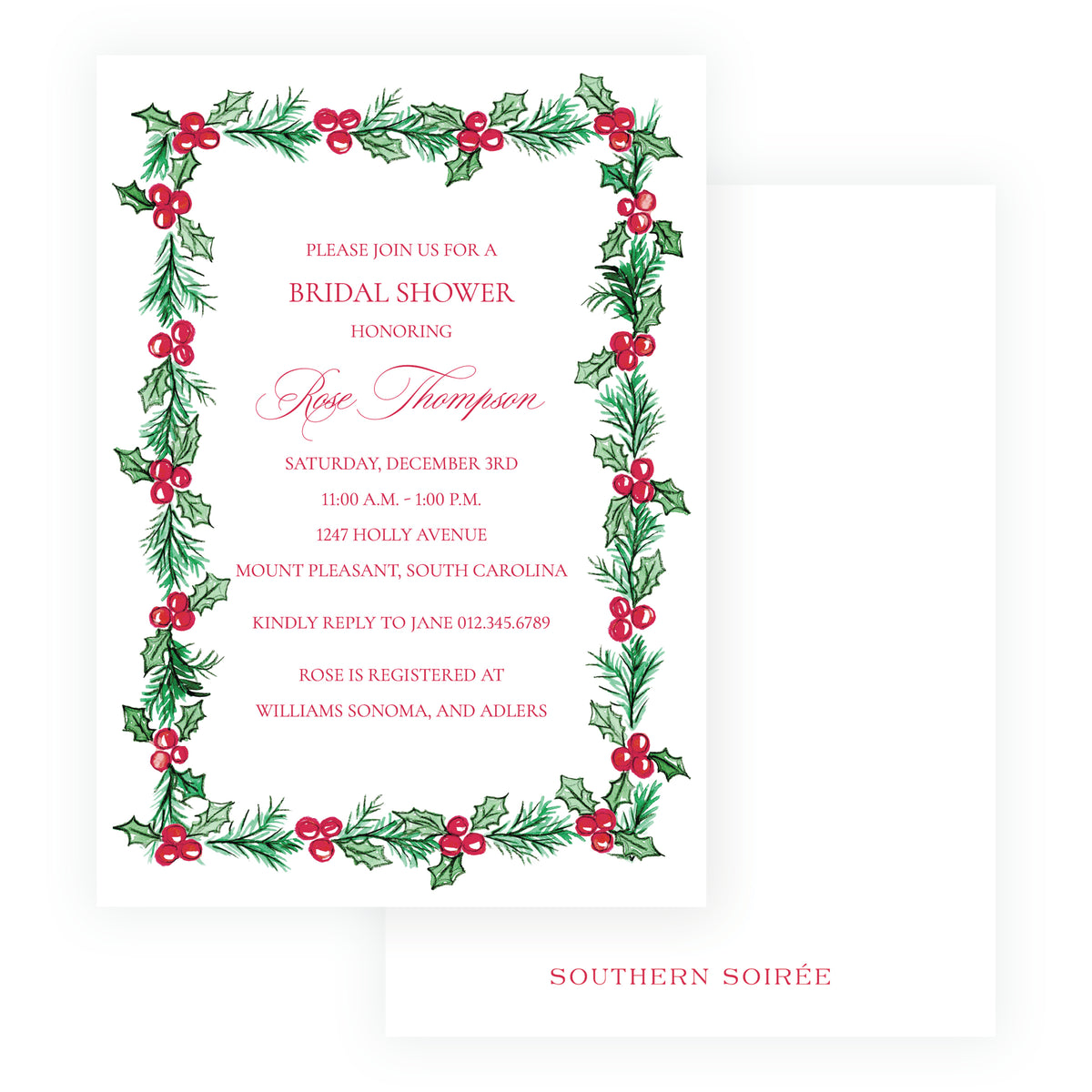 Plaid and Holly Christmas Bridal Shower Invitation – Holly Border