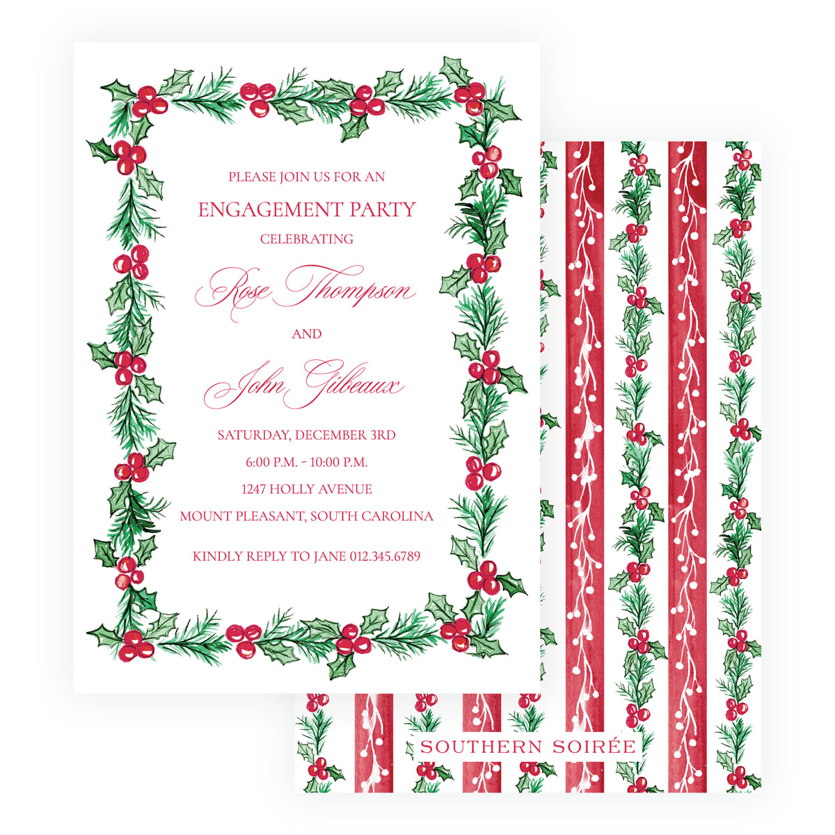 Personalized Plaid and Holly Christmas engagement party invitation with watercolor holly, evergreen branches and red berries