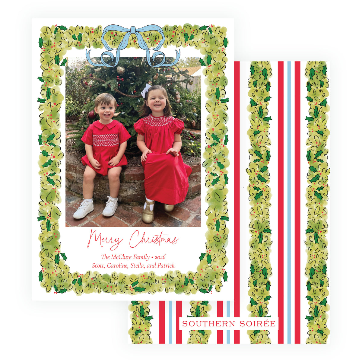 Christmas Boxwood personalized Christmas photo card with family photo, hand-painted green boxwood border, holly and powder blue bow