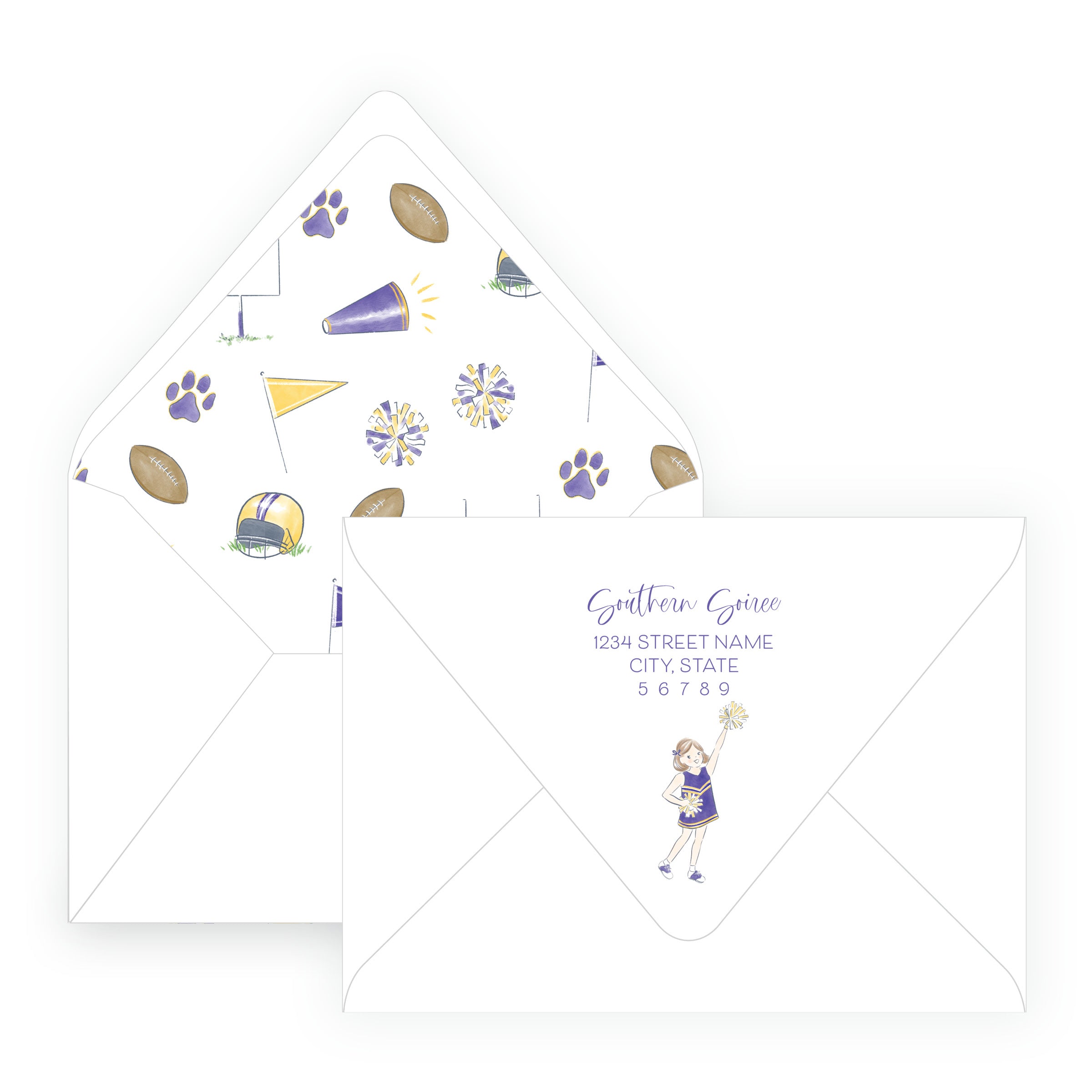 Purple & Gold Team Spirit Cheerleader Note Cards