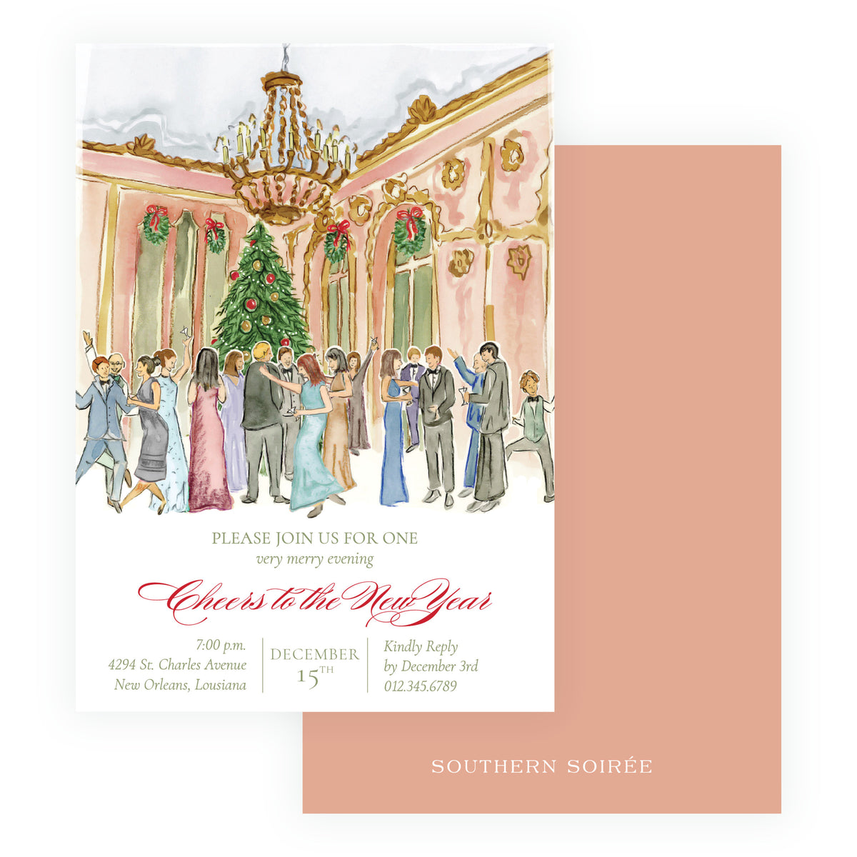 New Year's Eve party invitation with sophisticated watercolor cocktail party scene and colored back