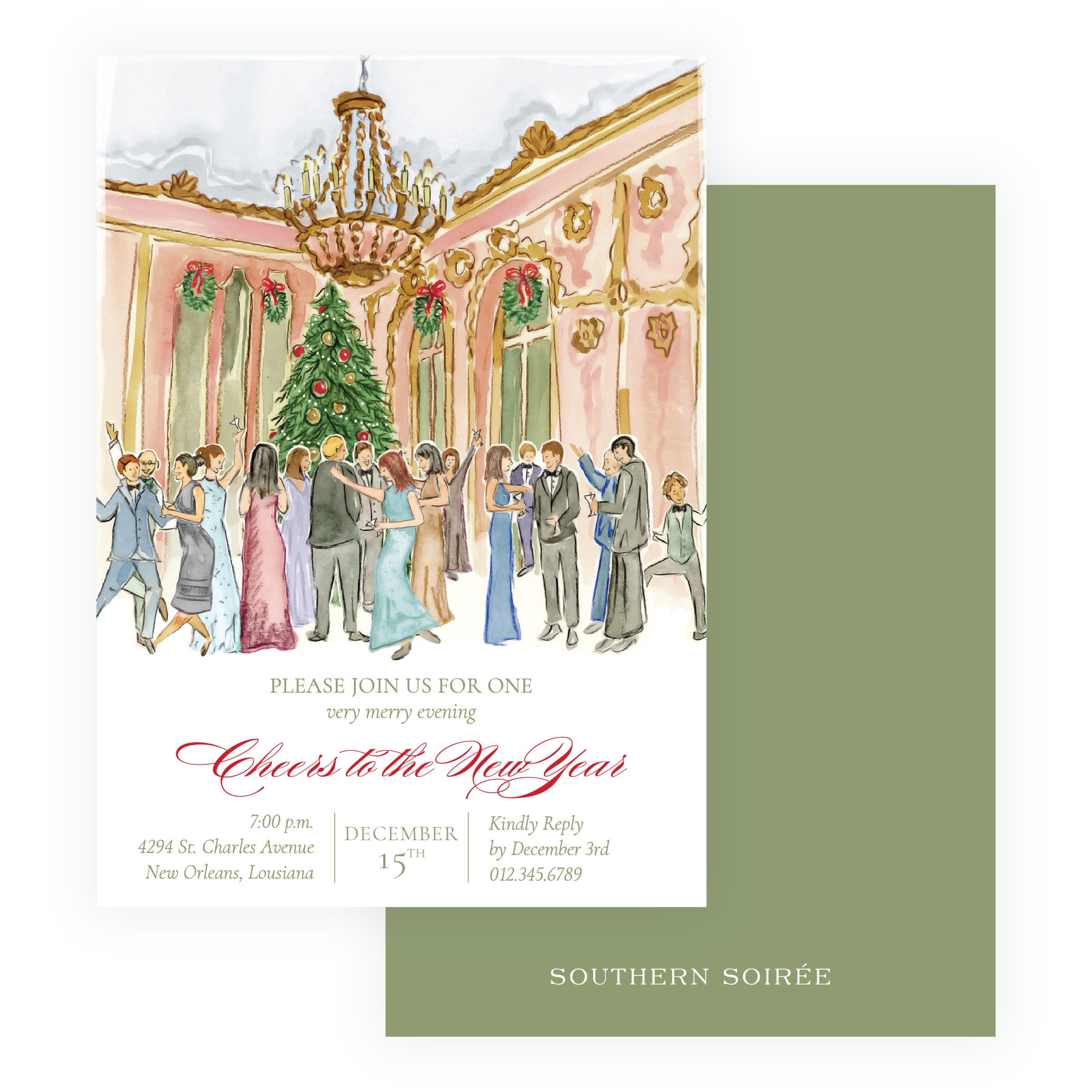 Elegant New Year's Eve party invitation with watercolor cocktail party scene and festive decor