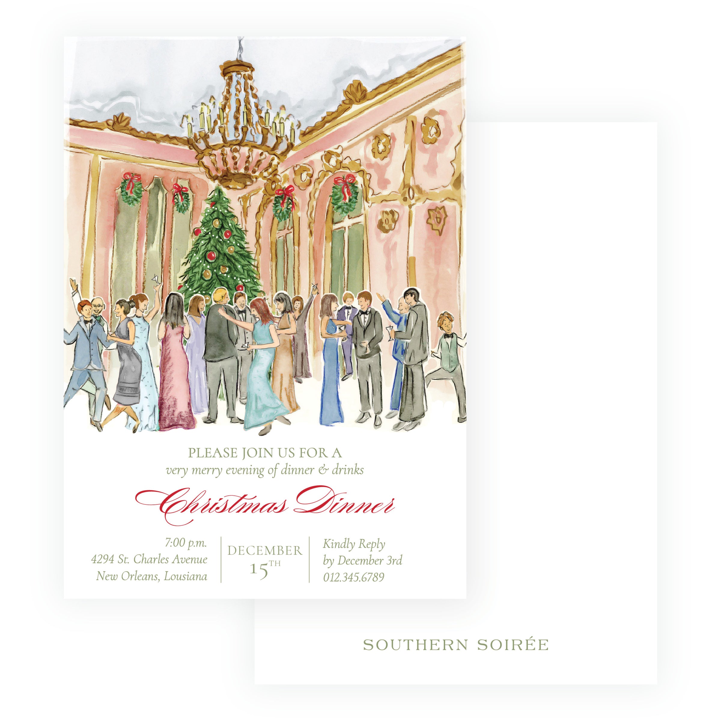 Elegant holiday dinner party invitation with personalized wording and coordinating card back
