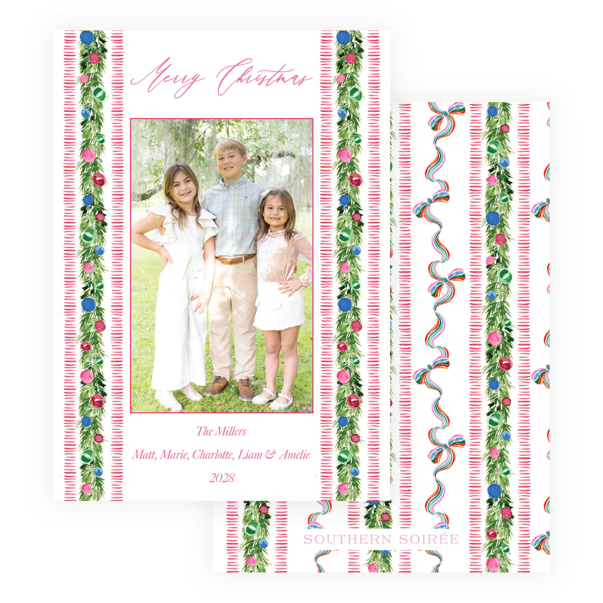 Watercolor garland Christmas photo card with coordinating patterned back