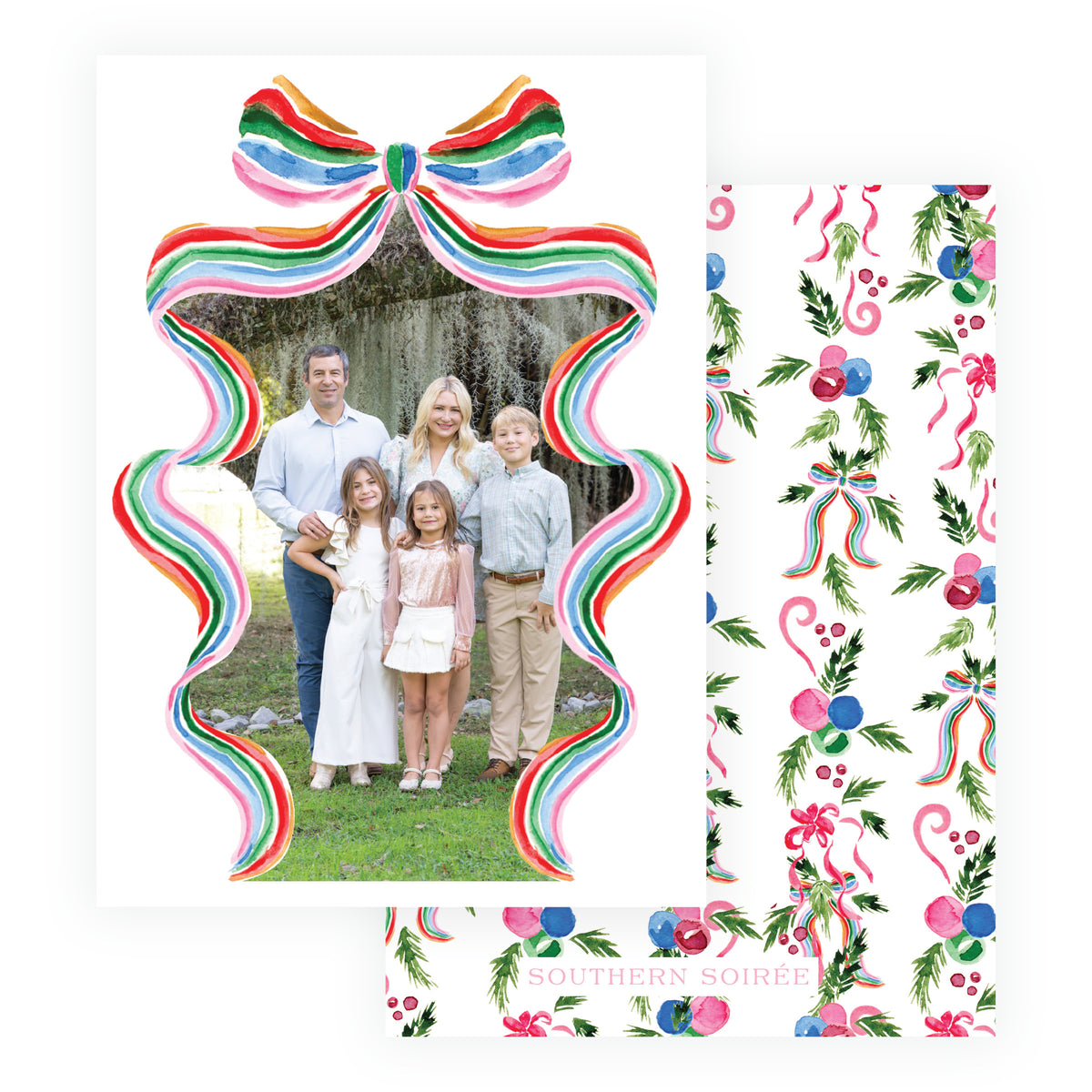 Grand Bow Full Frame personalized Christmas photo card with oversized watercolor ribbon