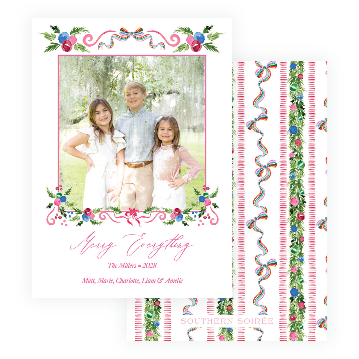 Merry Frame personalized Christmas photo card with watercolor greenery and colorful ribbon