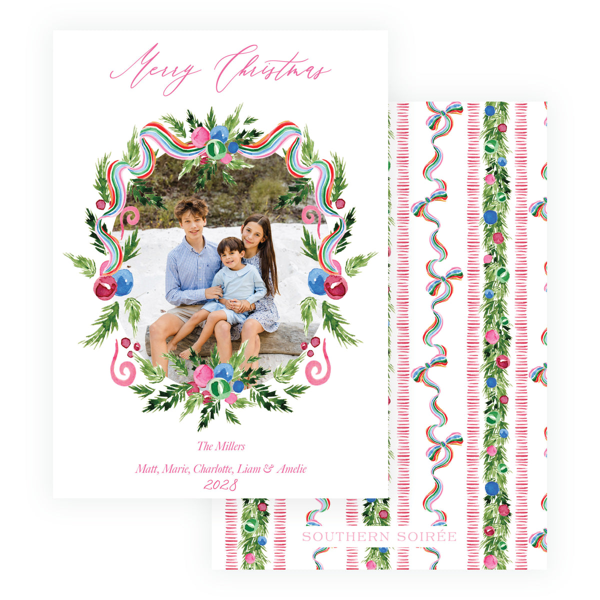 Merry Wreath personalized Christmas photo card with colorful watercolor ribbon