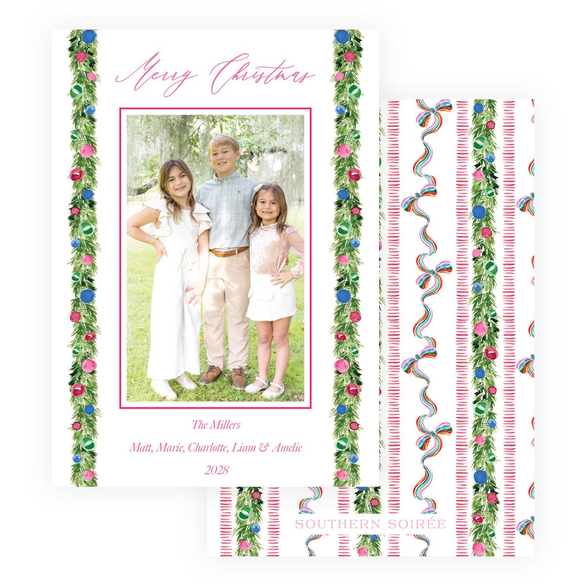 Watercolor greenery Christmas card with coordinating patterned back