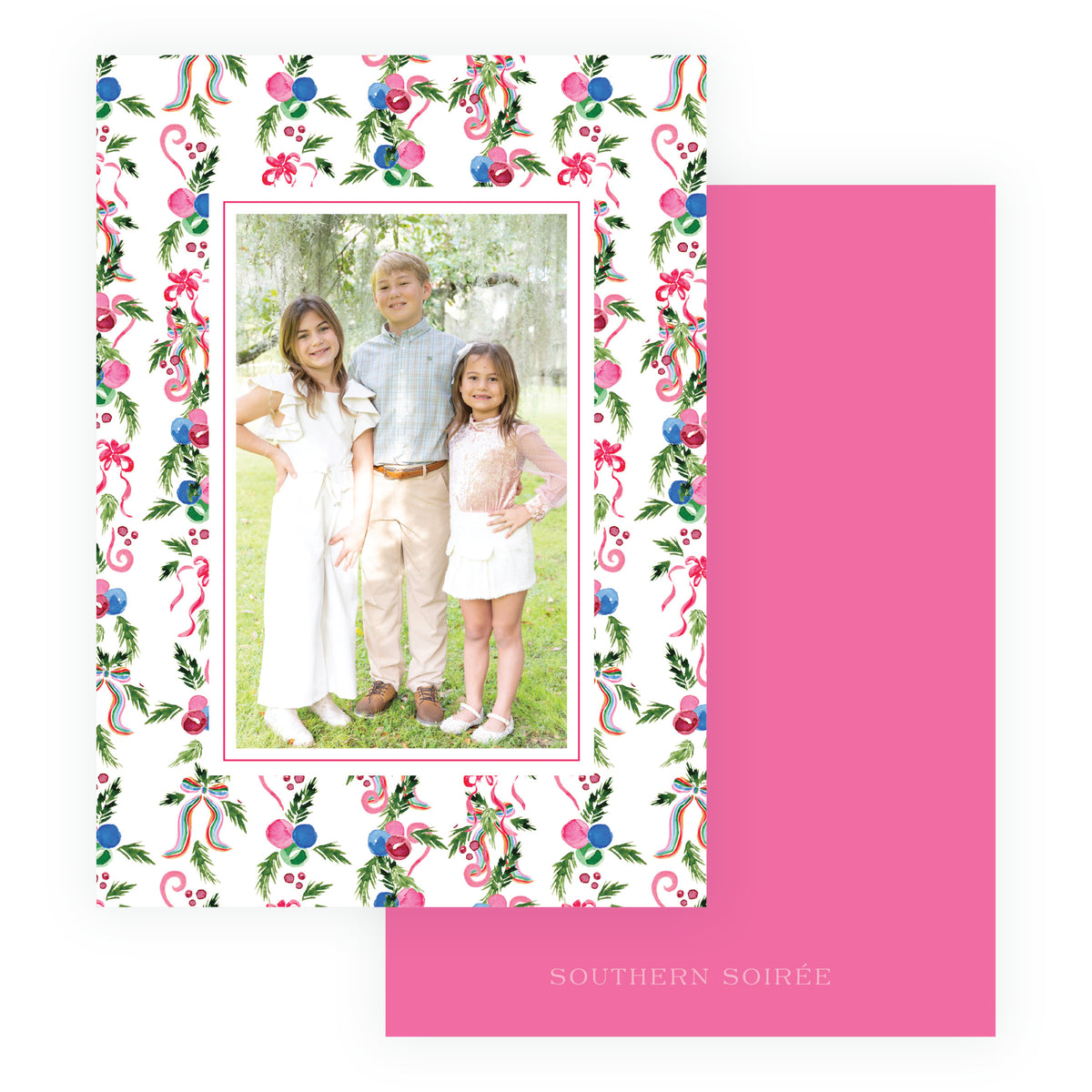 Decked in Cheer personalized Christmas photo card with festive watercolor pattern