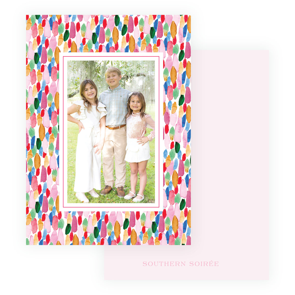 Confetti Cheer colorful personalized Christmas photo card with watercolor brushstrokes
