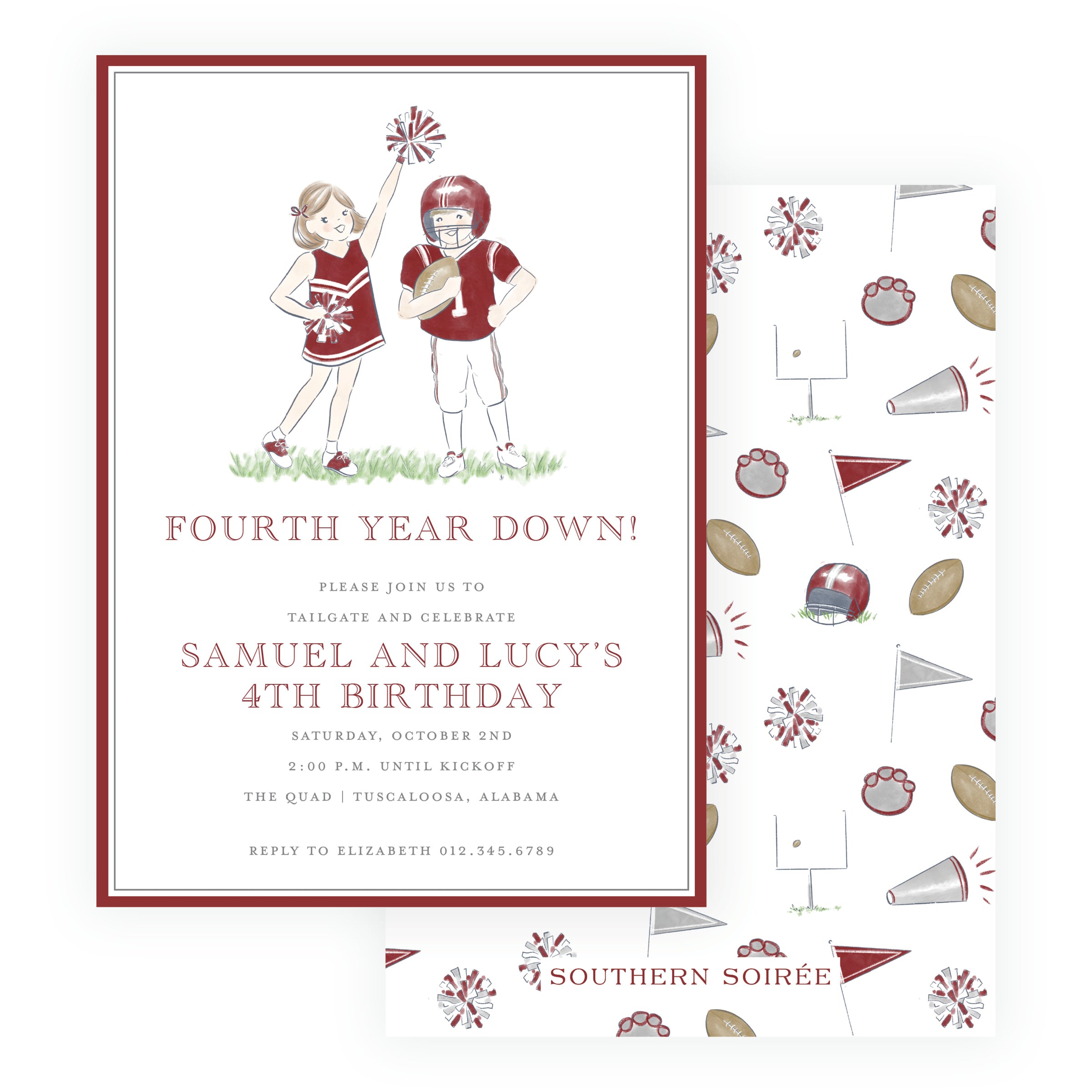 Crimson Cheerleader and Football Player Invitation
