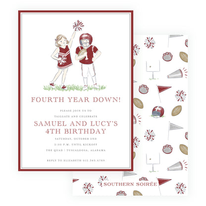 Crimson Cheerleader and Football Player Invitation