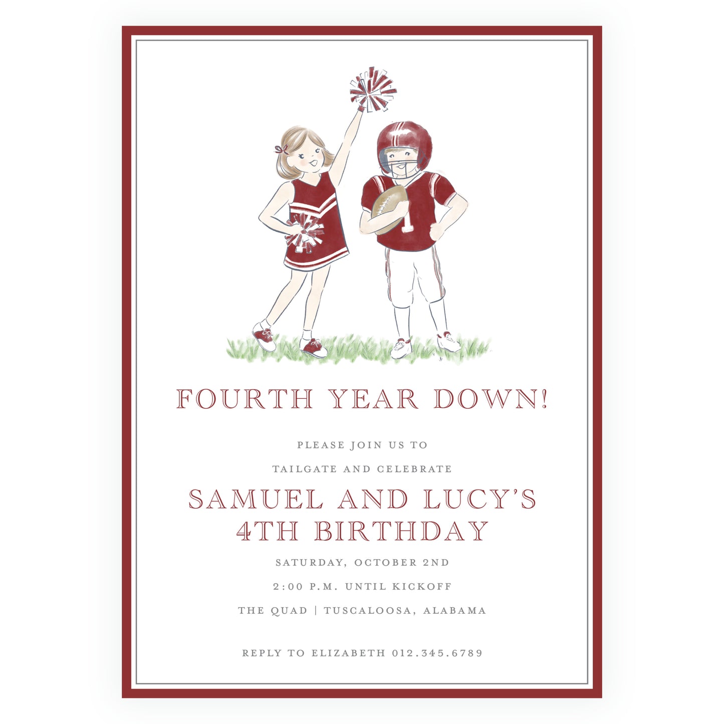 Crimson Cheerleader and Football Player Invitation