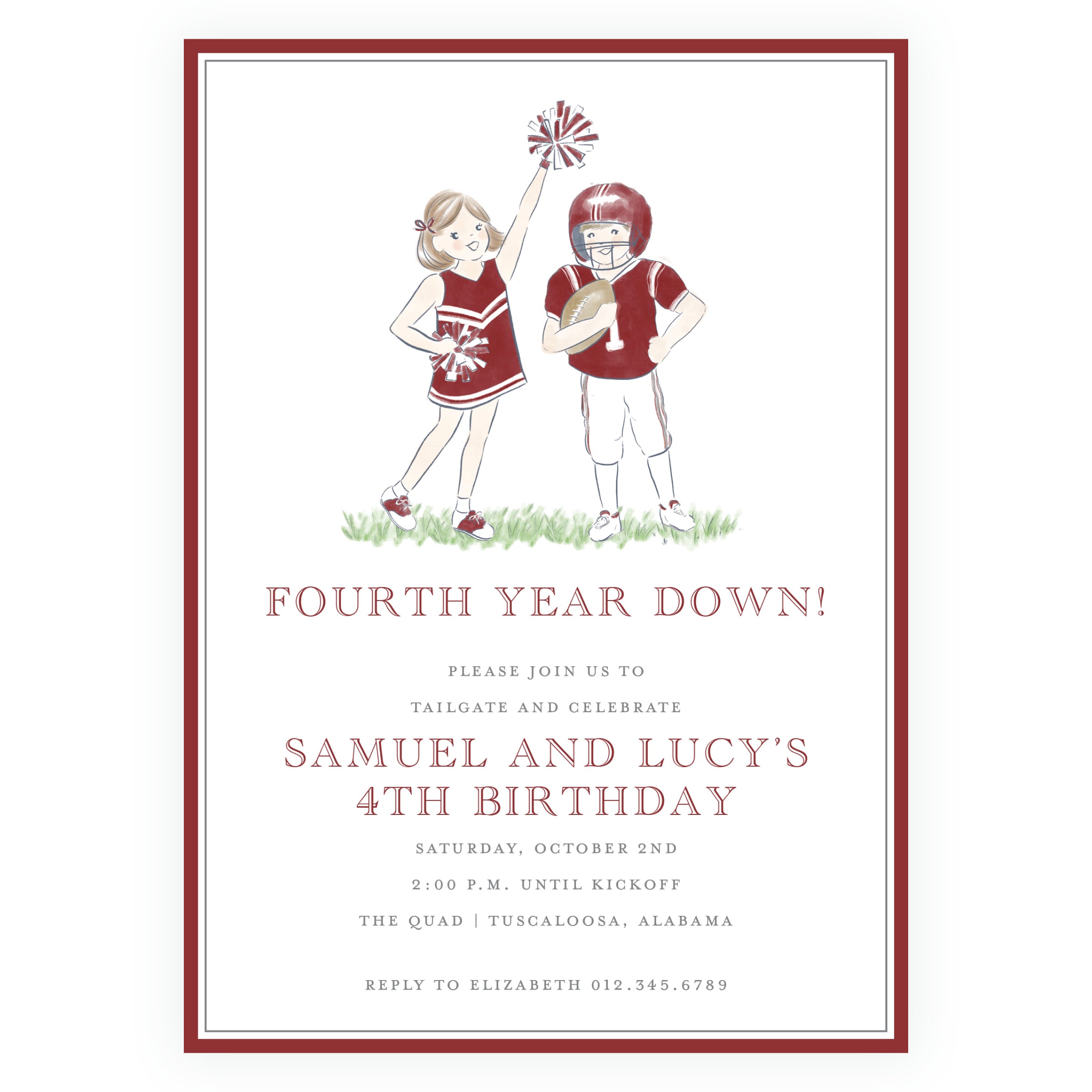 Crimson Cheerleader and Football Player Invitation