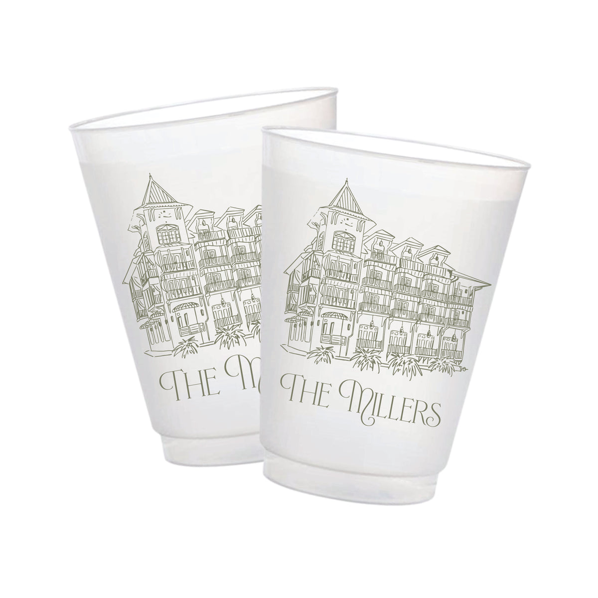 Frosted party cups featuring The Pearl hotel illustration in Rosemary Beach Florida
