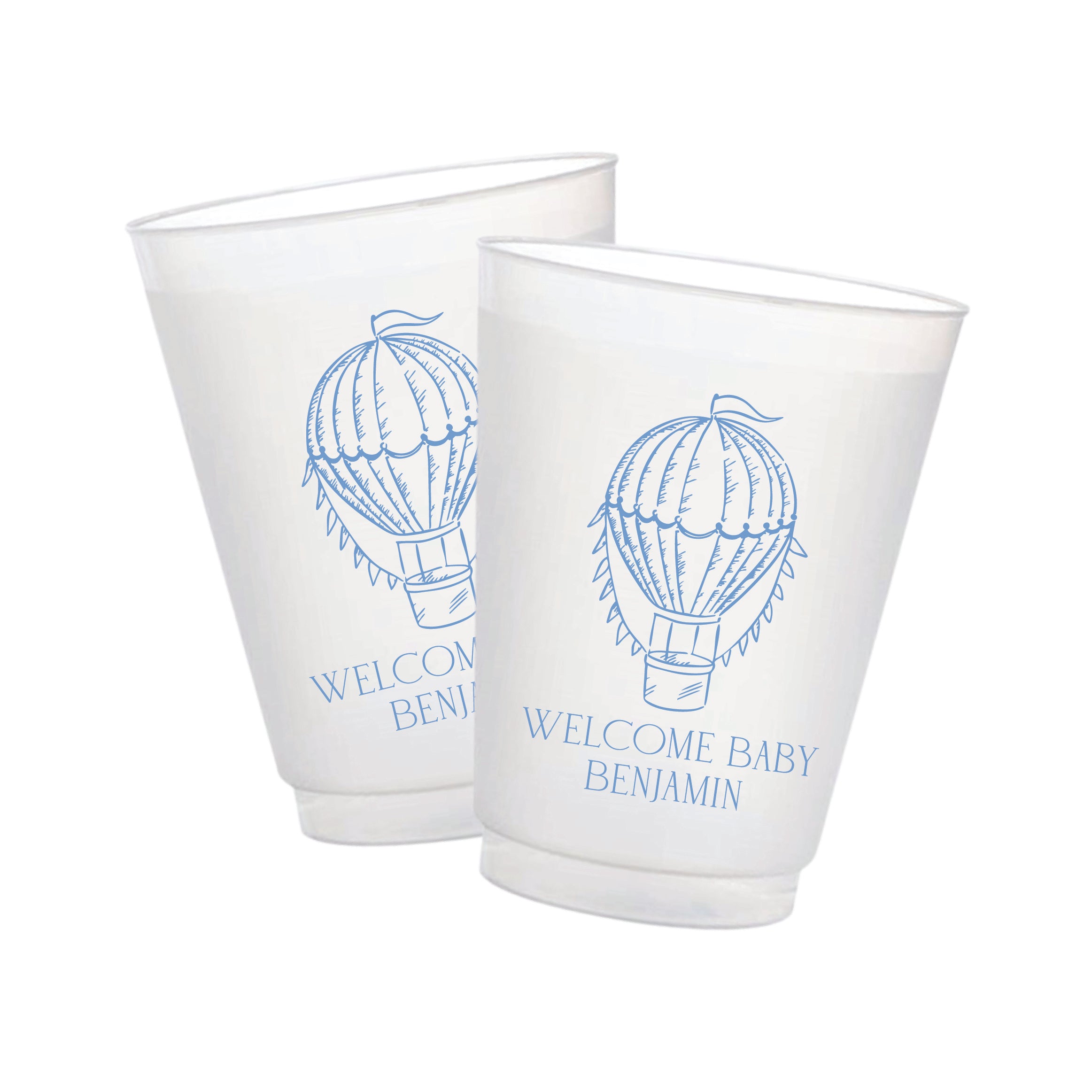 Personalized blue hot air balloon baby shower frosted cups