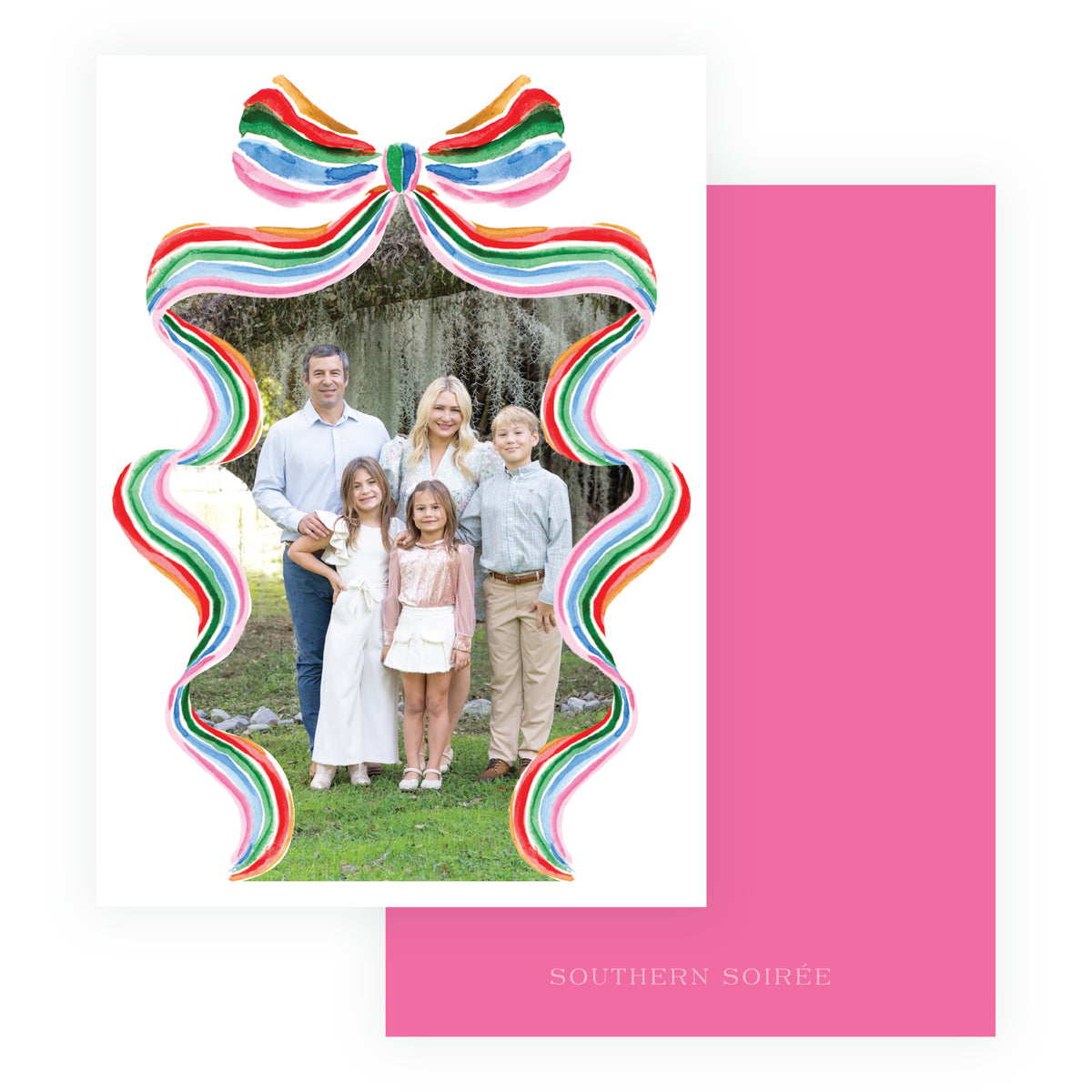 Grand Bow colorful family Christmas photo card from the Tied with Cheer Collection