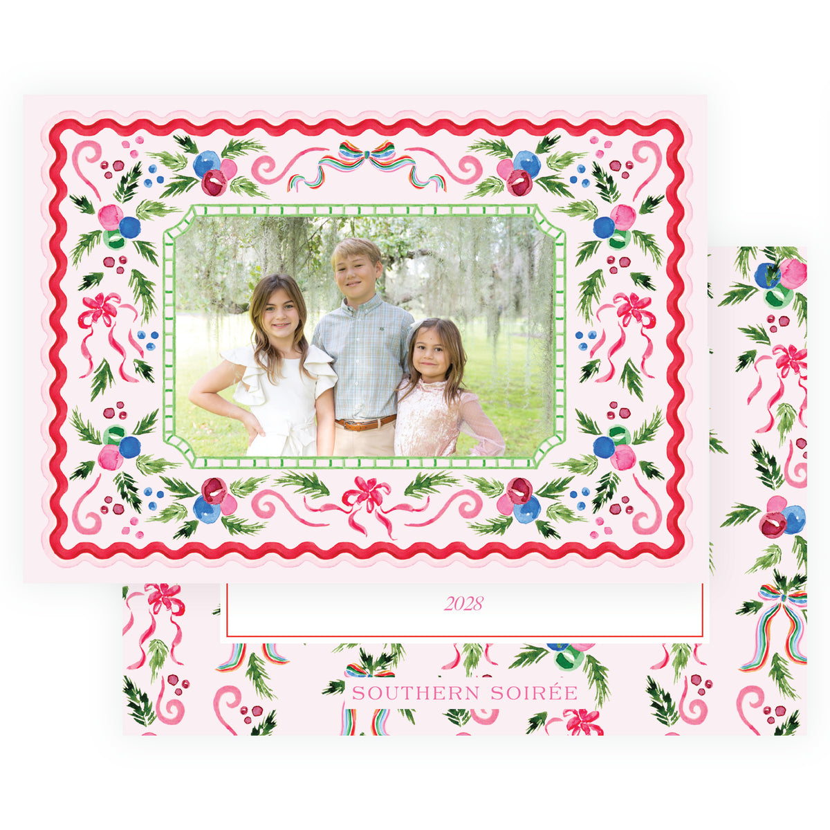 Watercolor landscape Christmas card with family photo and greenery