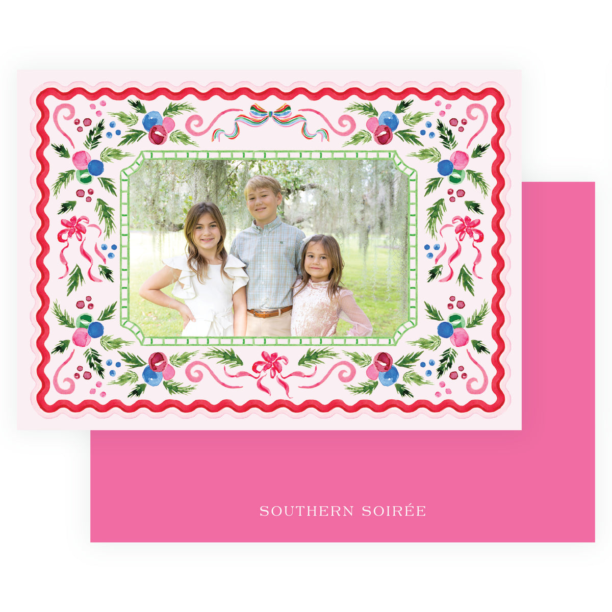 Pink Christmas photo card with watercolor greenery and ornaments