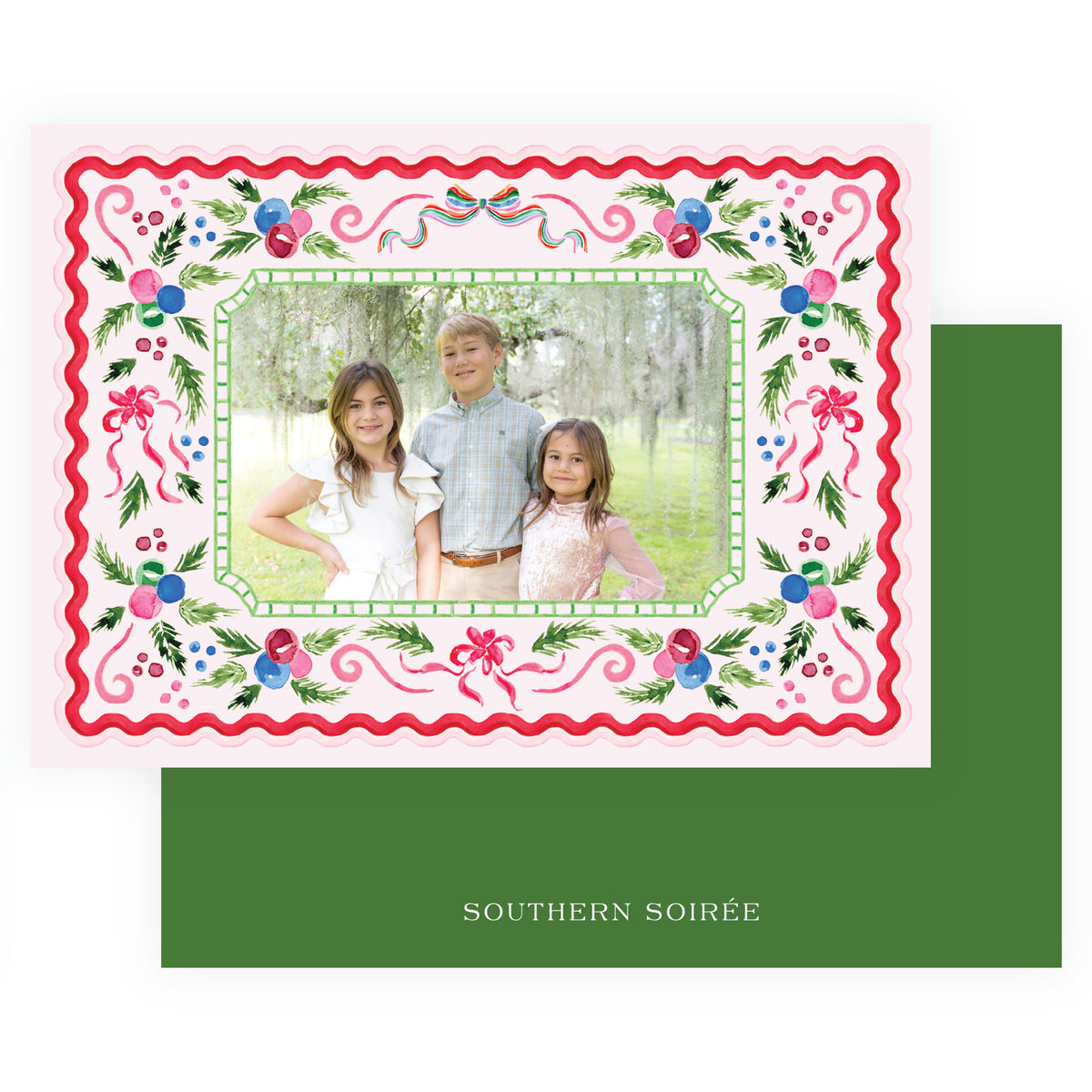 Landscape family Christmas card with red scalloped watercolor frame