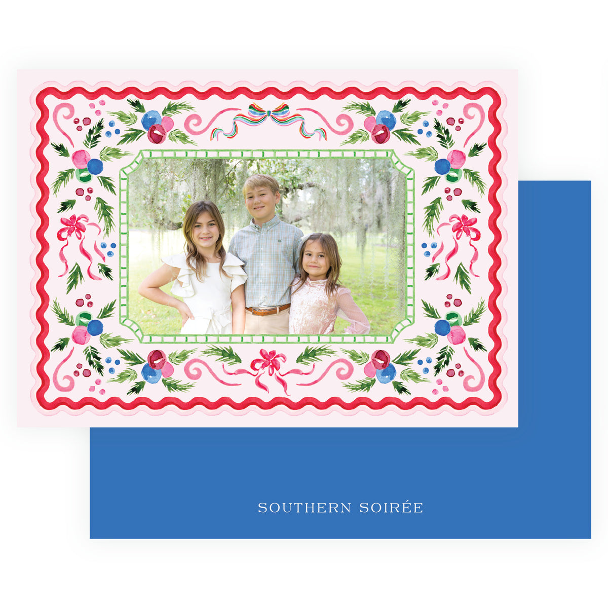 Personalized pink holiday photo card with colorful ribbon details
