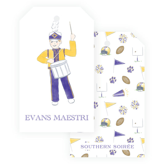 Purple & Gold Team Spirit Drummer Gift Tag