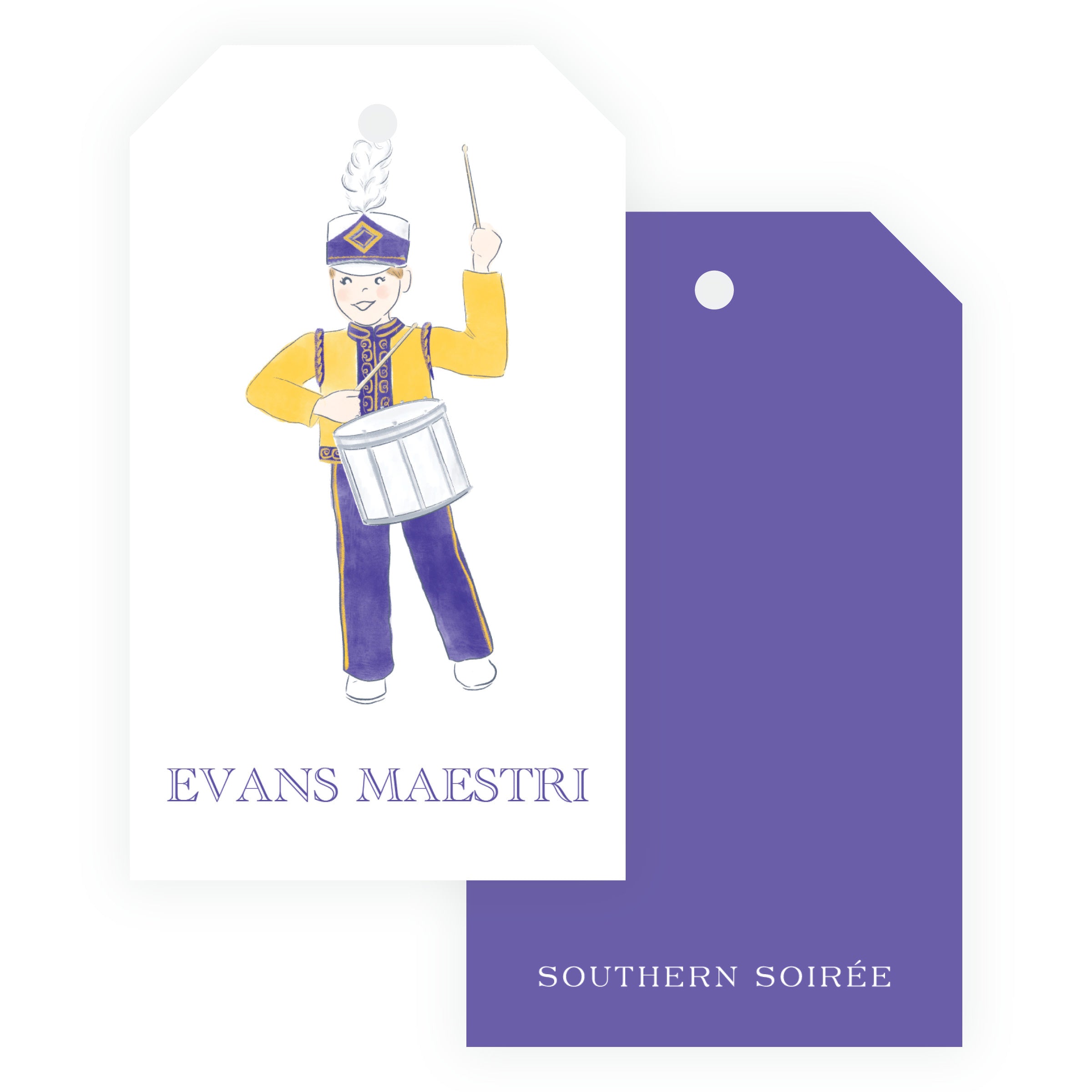 Purple and Gold Marching Band Drummer Gift Tags – Team Spirit