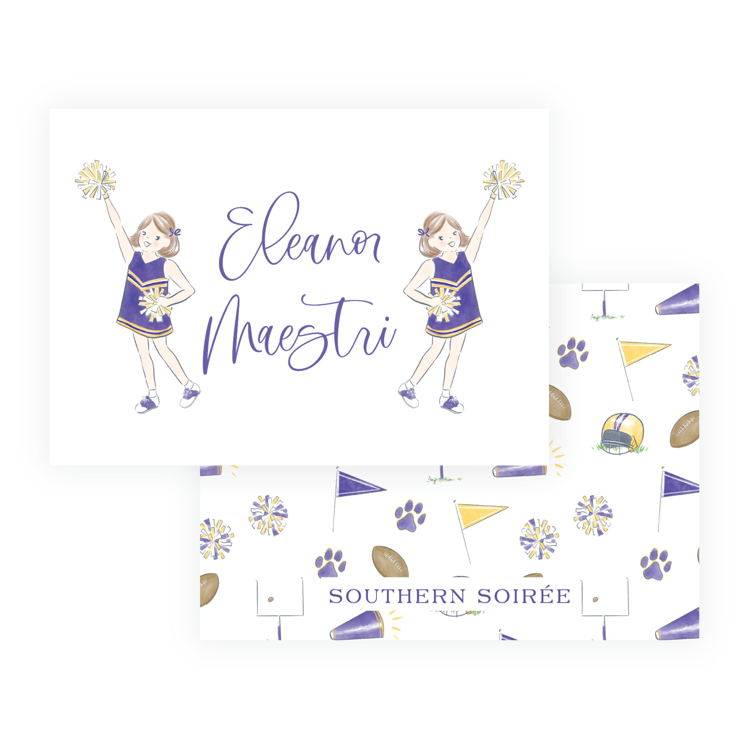Personalized purple and gold cheerleader gift enclosure card with pom-poms and custom wording