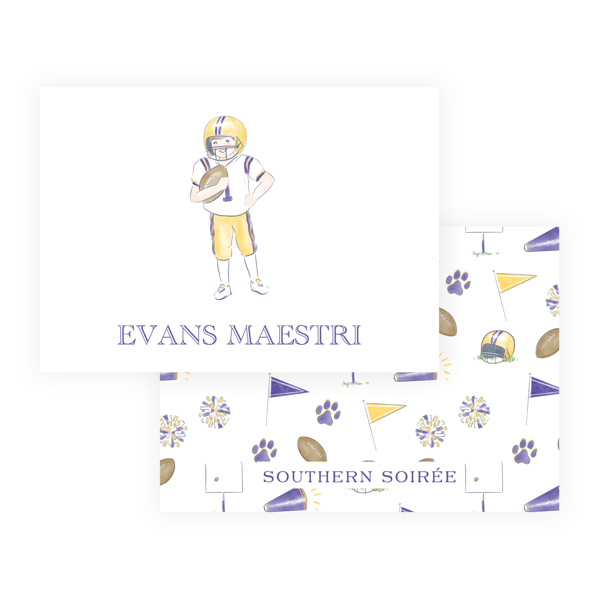 Personalized purple and gold football player enclosure card with football and custom wording