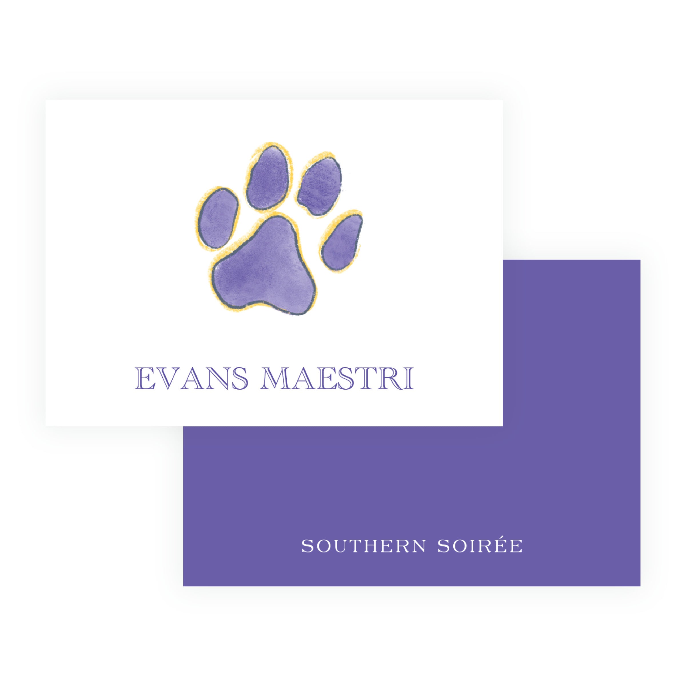 Personalized purple and gold paw print gift enclosure card for a tiger fan
