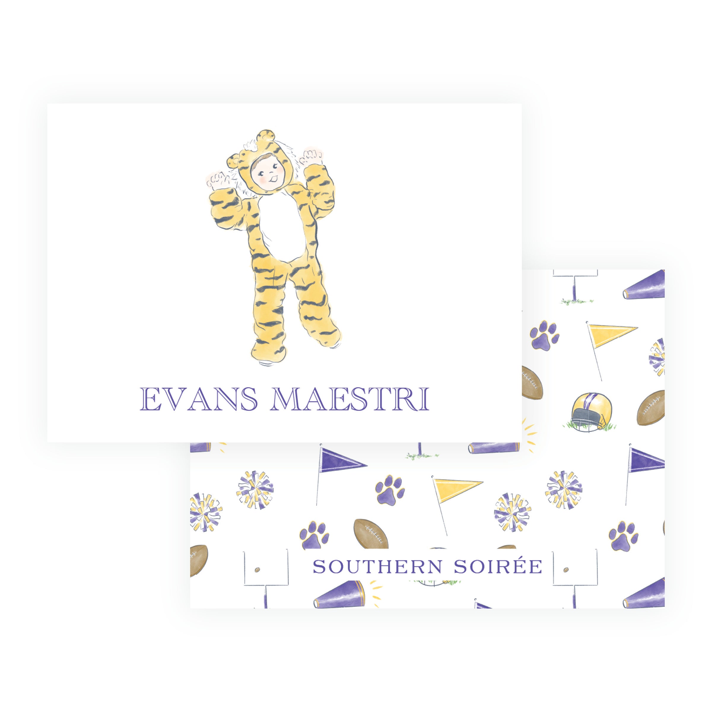 Personalized purple and gold tiger mascot gift enclosure card with custom wording