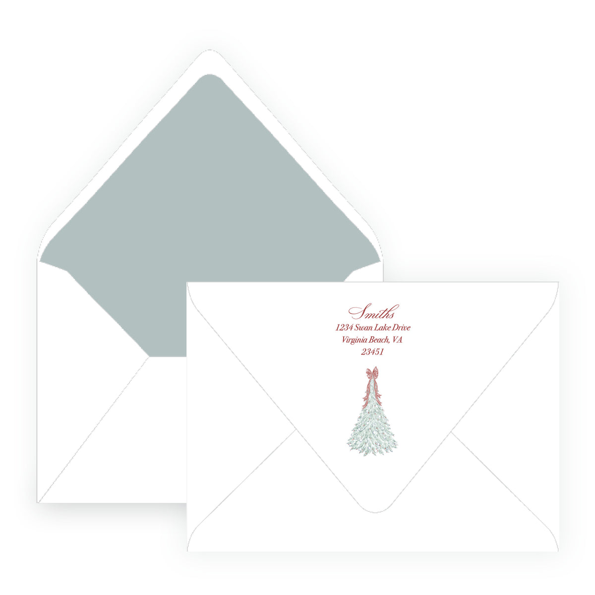 Envelope watercolor evergreen tree and striped Christmas bows