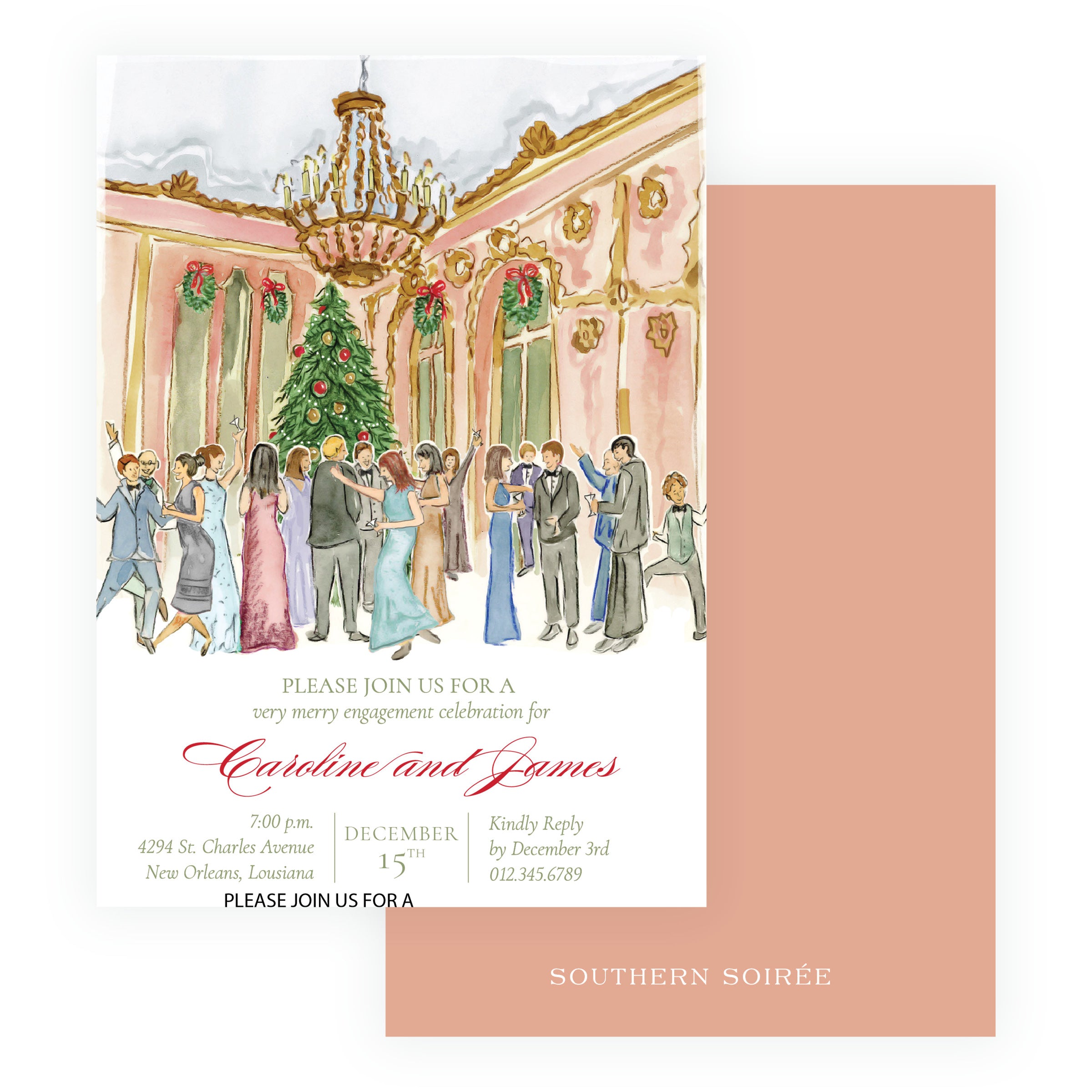 Holiday engagement party invitation with sophisticated Christmas watercolor scene and colored back