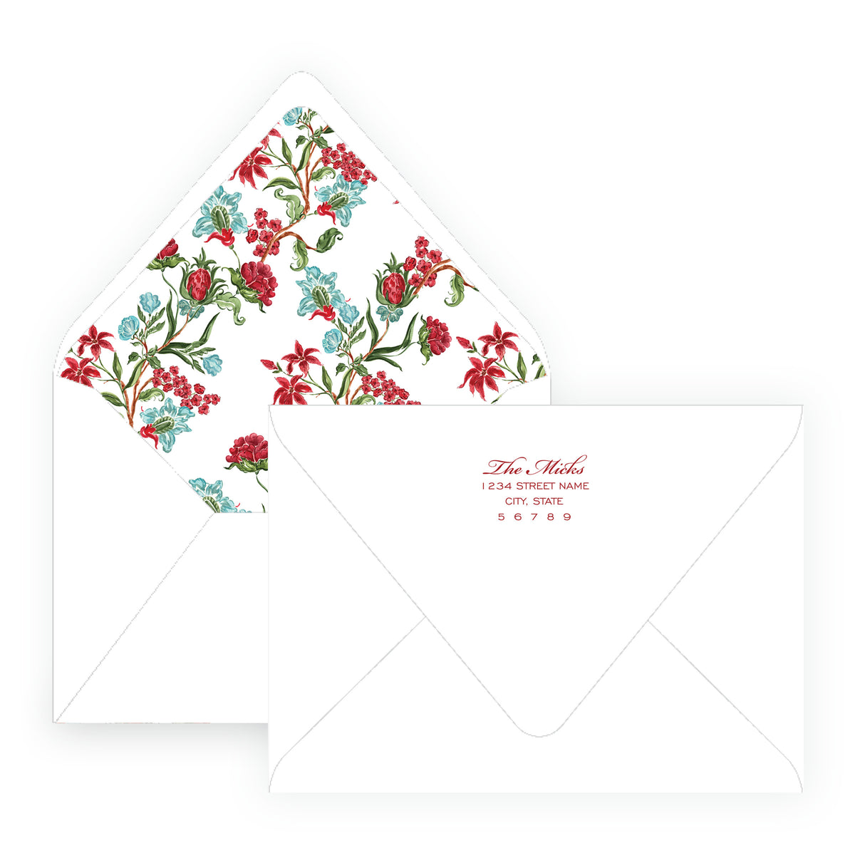 Traditional chintz floral holiday envelope liner with red and blue flowers