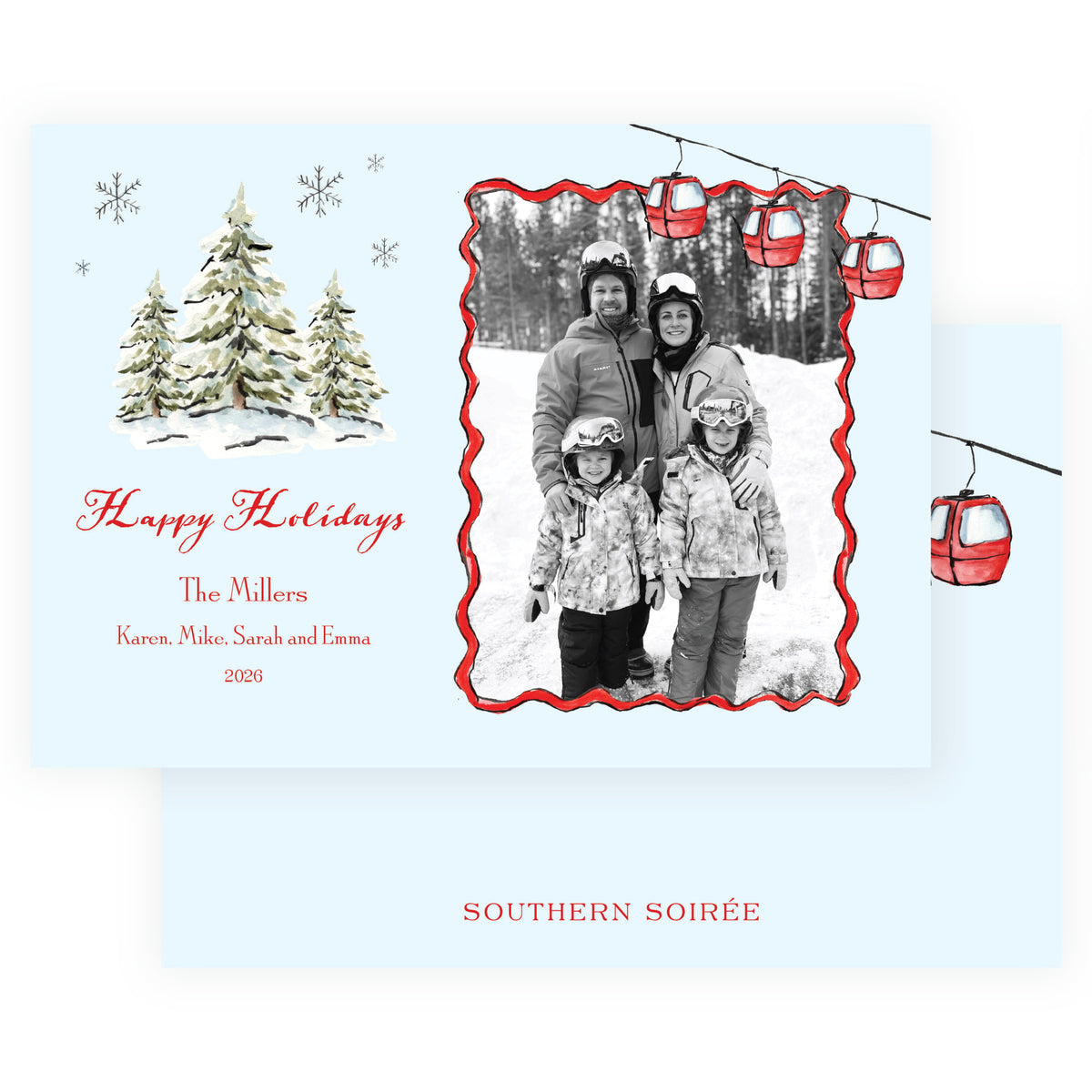 Blue personalized ski Christmas photo card with watercolor red gondolas and snowy evergreen trees