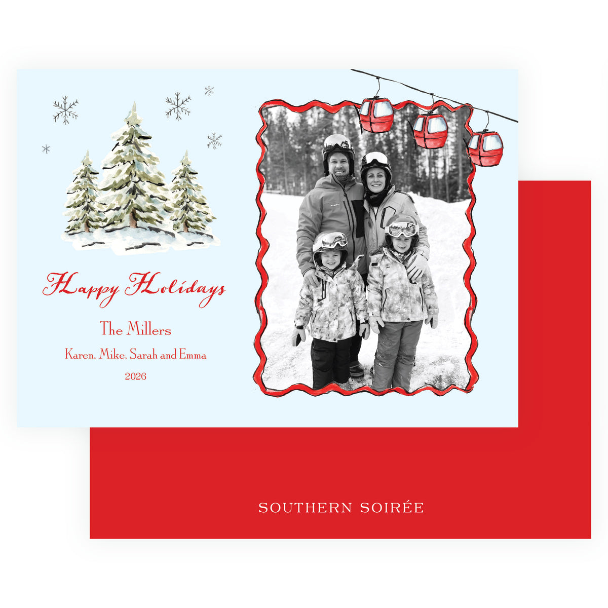 Alpine Holiday Gondola & Evergreens Blue Landscape Personalized Christmas Photo Card