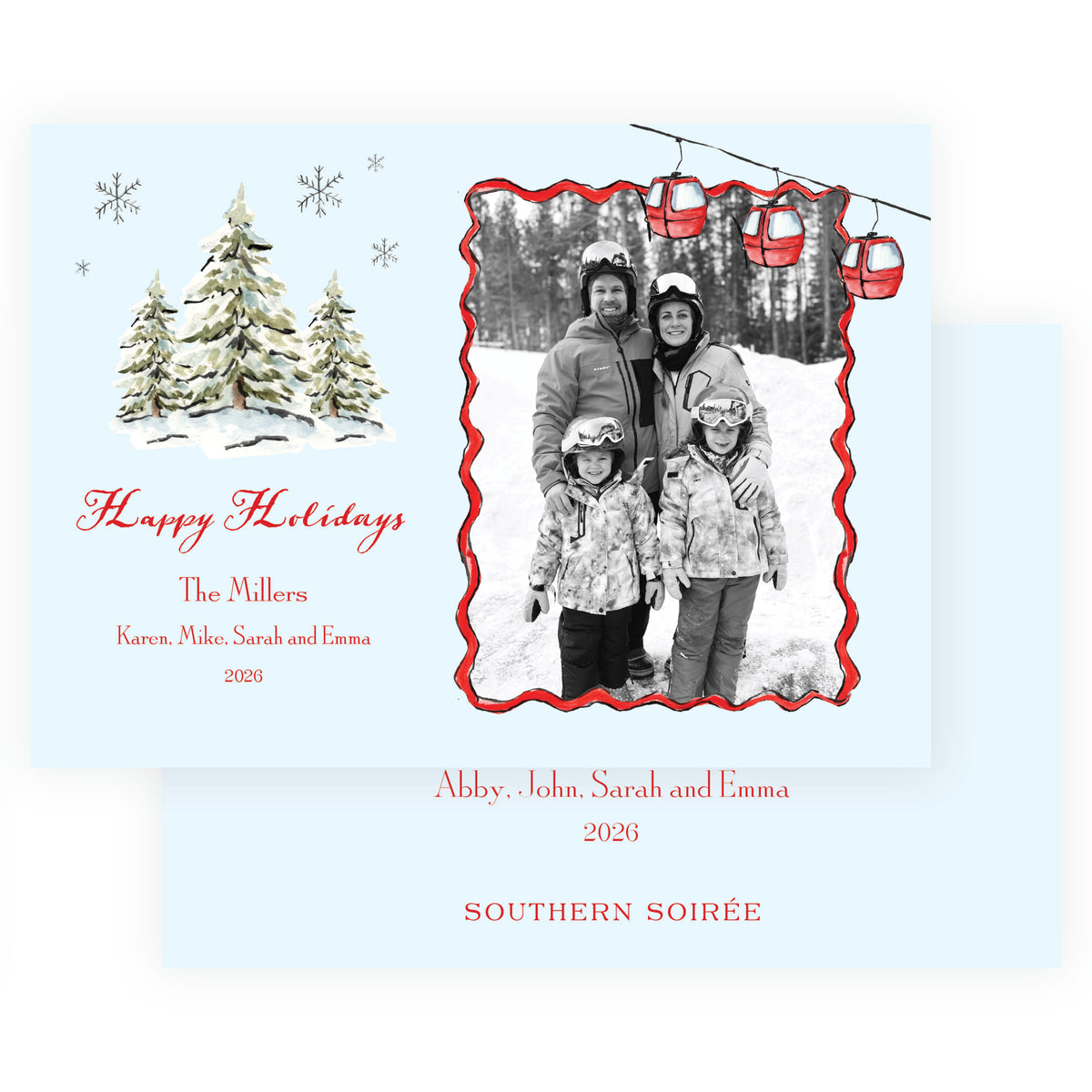 Alpine Holiday Gondola & Evergreens Blue Landscape Personalized Christmas Photo Card