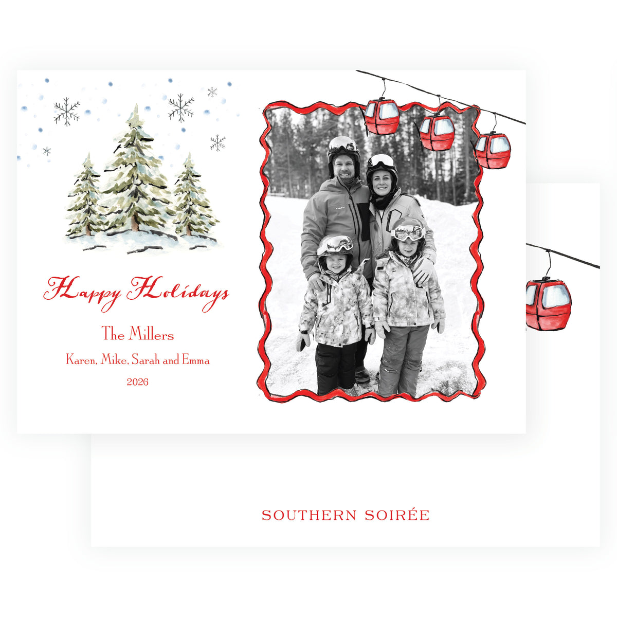 Alpine Holiday personalized Christmas photo card with red ski gondolas, snowy evergreen trees and family photo