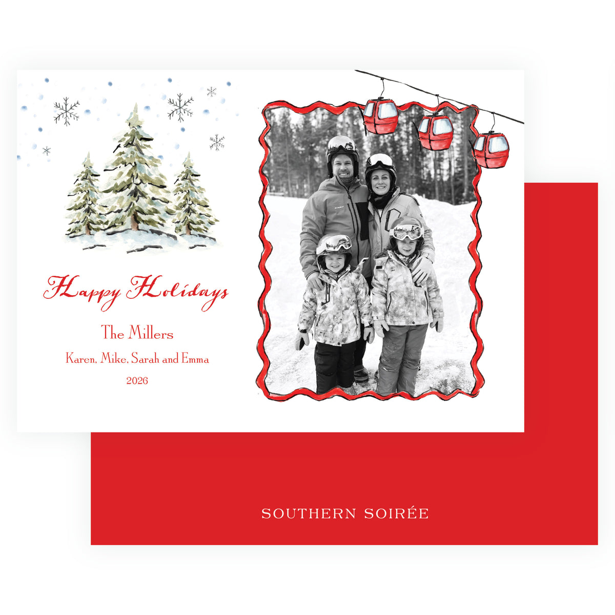 Alpine Holiday ski gondola Christmas card with family photo and winter mountain artwork