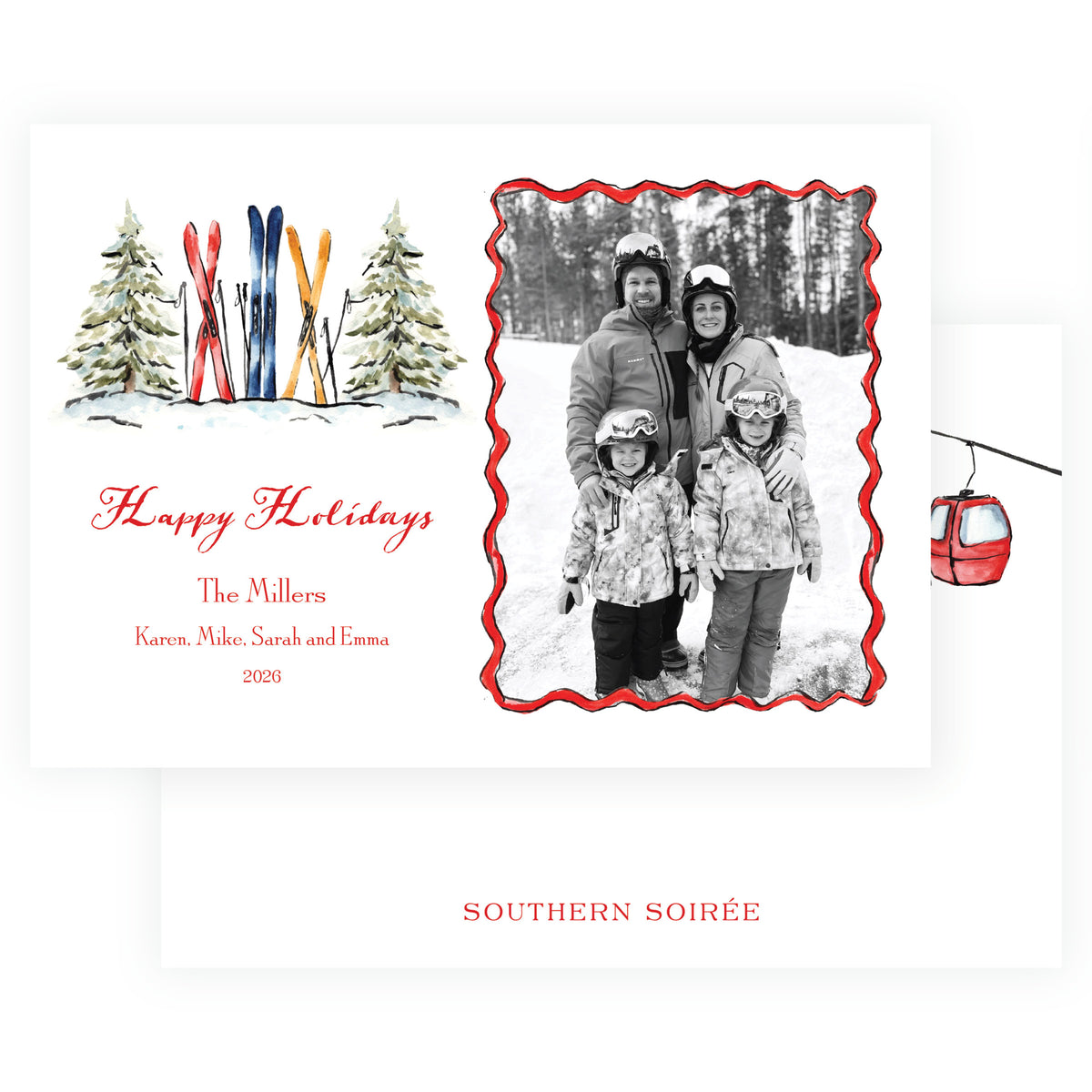 Alpine Holiday personalized Christmas photo card with watercolor skis, snowy evergreen trees and family photo