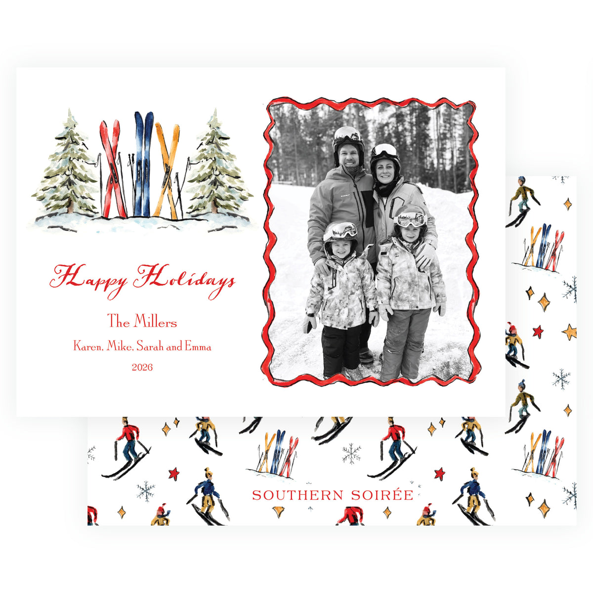Watercolor ski Christmas photo card with red navy and gold skis and snowy pine trees