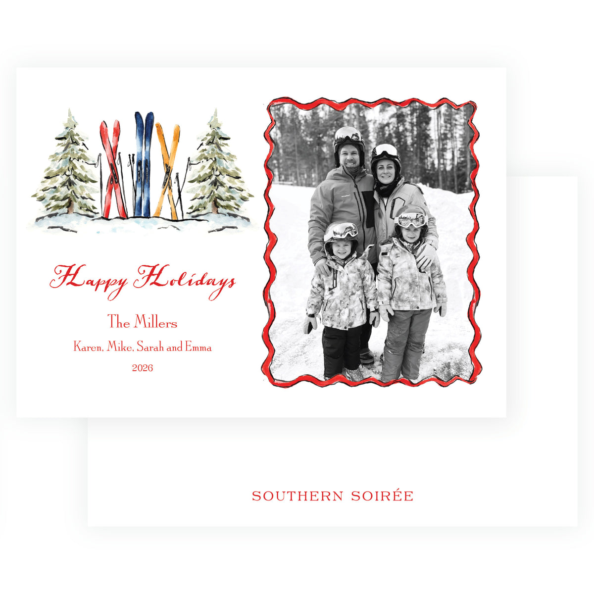 Alpine Holiday Skis & Evergreens Landscape Personalized Christmas Photo Card