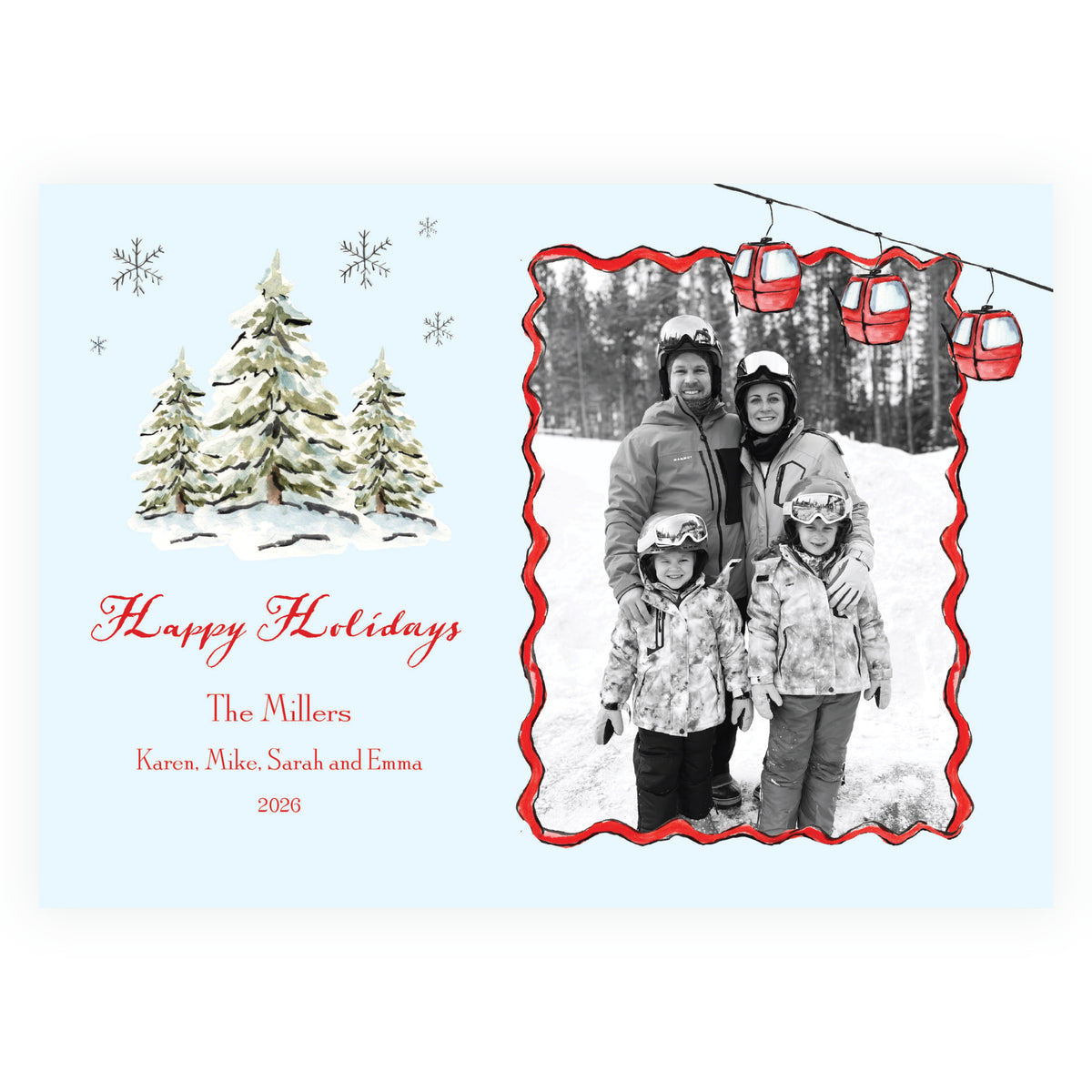 Alpine Holiday Gondola & Evergreens Blue Landscape Personalized Christmas Photo Card