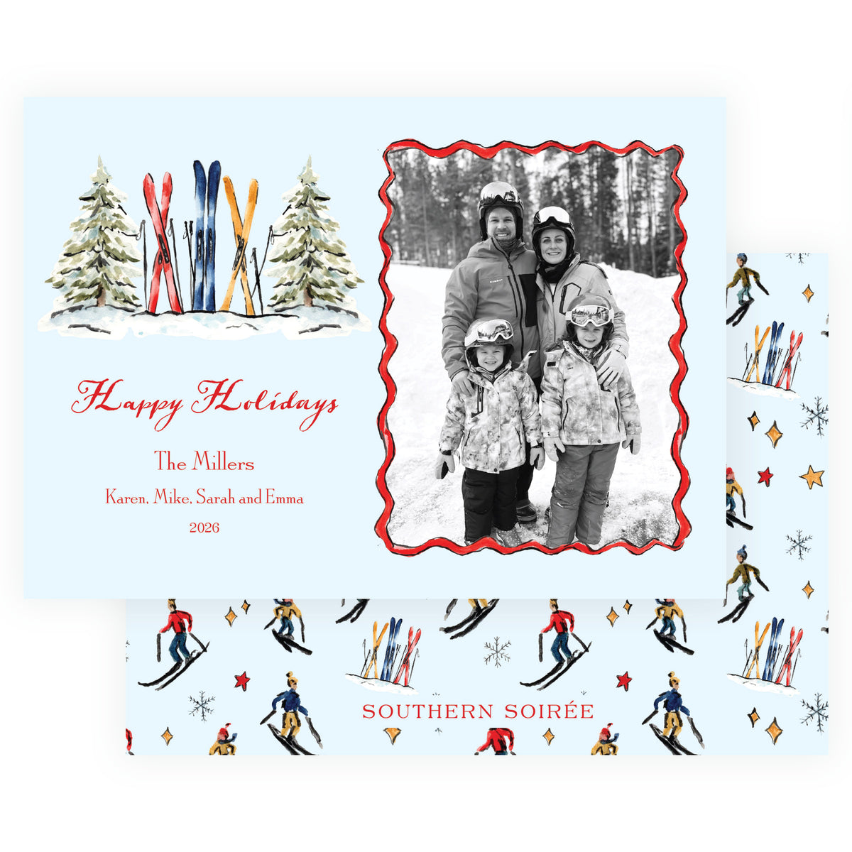Alpine Holiday Skis and Evergreens landscape Christmas photo card with watercolor skier pattern back