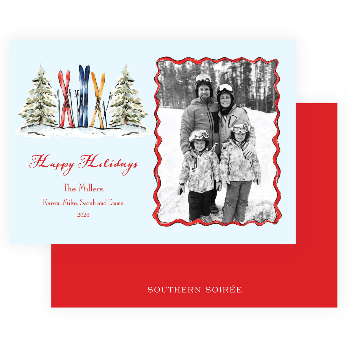 Personalized ski holiday photo card with colorful skis snowy evergreen trees and festive red back