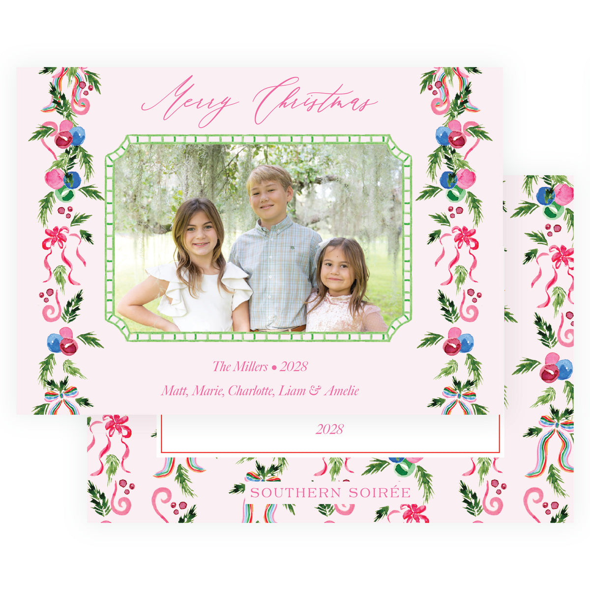 Festive Garland Trim Pink Landscape Personalized Christmas Photo Card