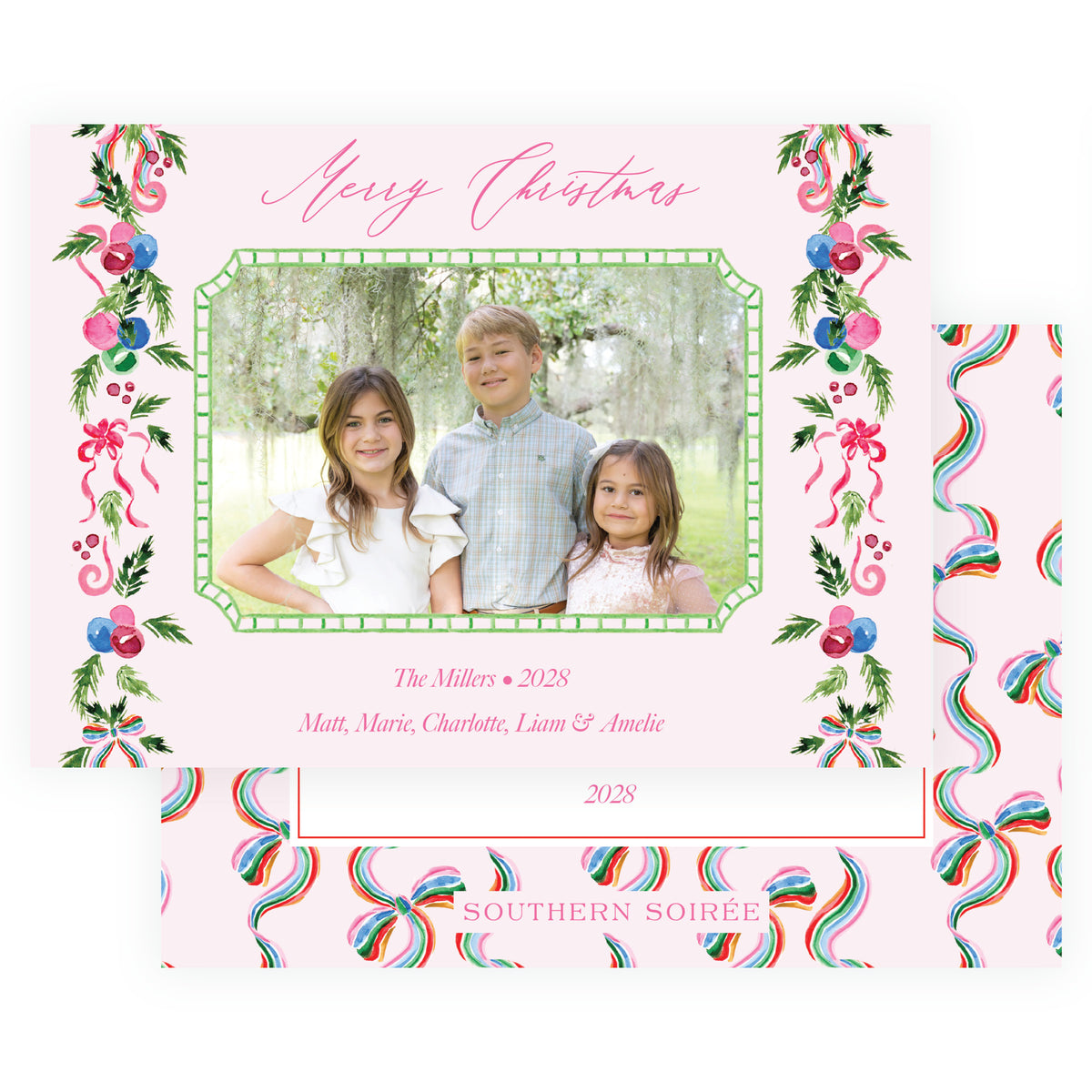 Festive Garland Trim Pink landscape personalized Christmas photo card
